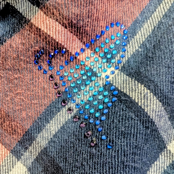 Upcycle Lucky Brand Medium Dip Bleach Flannel Shirt w/ Butterfly Bling 17" P2P - Picture 7 of 11